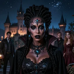 Portrait of a riveting African vampire woman!, atmospheric lighting, gothic makeup, intricate, Transylvanian castle, volumetric lighting, beautiful, starlit sky, sharp focus, ultra-detailed, by Tom Bagshaw Leesha Hannigan, Ross Tran, Thierry Doizon, Kai Carpenter, Ignacio Fernández Ríos