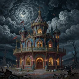 ultra realist soft painting of a curiosities carnival by night, nightmare fuel, omnious sky, symmetry accurate features, very intricate details, volumetric clouds, desolated world