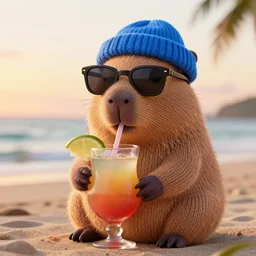 a photorealistic photograph of a knitted cute Capybara wearing sunglasses and dressed a blue beanie cap. The subject is sipping a refreshing Mai Tai drink cocktail at the beach during sunset. This 4K HD image is Trending on Artstation, featured on Behance, well-rendered, extra crisp, features intricate detail and is in the style of Unreal Engine.