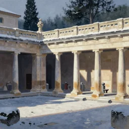 a beautiful ancient greek bathhouse in the winter by hasui kawase