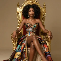 african princess, inspired by yara shahidi with an afro sitting on a throne posing, wearing corset and dress inspired by brom art, inspired by artstation and artgerm, character concept art by larry elmore.