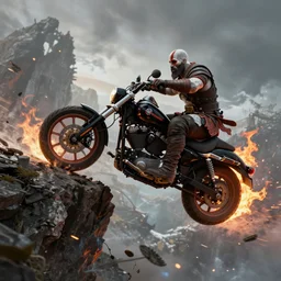 kratos jumping a black harley - davidson motorcycle off a cliff, cinematic render, playstation studios official media, god of war 2 0 1 8, flames, centered