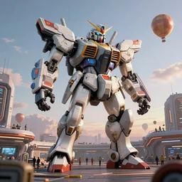 a beautiful hyperrealistic ultradetailed 3 d render of a gigantic mecha guarding a sci - fi spaceport, by jung gi kim : 3, mech, unreal engine, octane render, gigantic, unreal engine, octane render, 3 d, brilliantly coloured, intricate, ultra wide angle, trending on artstation, dusk, volumetric lighting, hdr, polished, micro details, ray tracing, 8 k : 2, people, sphere, balloon, blurry, blur, depth of field, dof, bokeh, obscured, macro : - 1