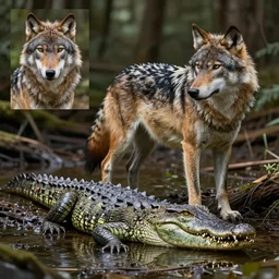 chimera made of a wolf and a crocodile, photo of wolf, photo of crocodile, trending on deviantart, photo realism, realistic wood swamp, professional photoshop artwork utilizing professional photographs