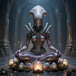 glistening elegant queen empress xenomorph alien meditating lotus position surrounded by glowing slimy alien eggs, inside an alien temple shrine. in the style of aliens, by weta workshop, james cameron, h. r. giger, beautiful octane render, extremely intricate, epic composition, cinematic lighting, masterpiece, trending on artstation, cinematic dramatic atmosphere, matte painting