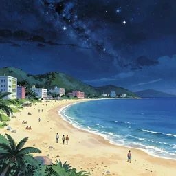a beachside city with a celestial night sky, trending on artstation, high quality, by yoshitaka amano