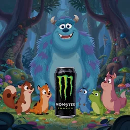Movie frame from the Monster energy drink coloured Disney animated motion picture released in 1937, beautiful enchanted forest full of Monster energy drink critters, directed by Walt Disney energy drink,  highly detailed background paintings by Thomas Kinkade, Monster energy drink monster energy drink monster energy drink