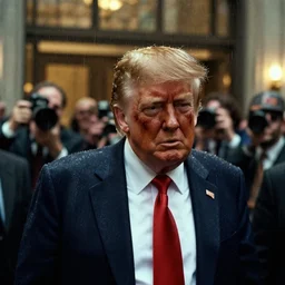 zombie trump terrorizing people at 7 - 1 1 in the lobby of trump tower. scene from die hard. film grain. rain. closeup on trump