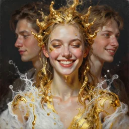3 d, close - up, boiling liquid gold and white water, smiling fashion model, poster art, high detail, intricate oil painting, multiple exposure, hell mood, hyperrealism, 3 d, by tooth wu and wlop and beeple and greg rutkowski
