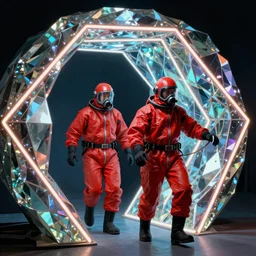 two scientists wearing futuristic red hazmat suits entering geometric neon crystal portal by frank frazetta
