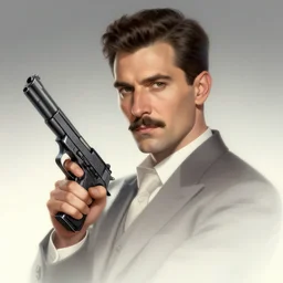 detailed portrait of the elegant man, holding a pistol, short moustache, in the style of rob lefield and dan mumford, epic gradient, by atey ghailan, by greg rutkowski, by greg tocchini, by james gilleard, by joe fenton, by kaethe butcher, gradient pink turquoise, graffiti tag, 8 k, black and yellow color scheme, grunge aesthetic.