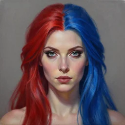 a detailed matte oil on canvas head on symmetrical portrait of a distinguished elven woman with separated red and blue hair ( ( ( ( ( makeup ) ) ) ) ) by charlie bowater and lise deharme wlop, trending on artstationhd, dungeons and dragons art critical role, half and half hair dye, split hair dye, two tone hair dye, dye hair