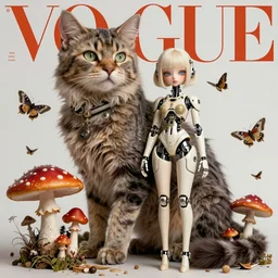 a giant cat and a beautiful jointed art doll, super dollfie, bjd, biopunk, solarpunk, mecha, feminine curves, mushrooms, fly agaric, moths, surreal, dan mumford, beeple, fashion magazine, vogue, harper's bazaar art, id magazine, intricate, 8 k render in octane, sharp focus, ektachrome
