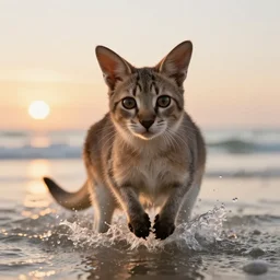 a closeup photorealistic photograph of a cute kitten kangaroo hybrid splashing in the surf during sunset. professional capture, well lit shot. this 4 k hd image is trending on artstation, featured on behance, well - rendered, extra crisp, features intricate detail, epic composition and the style of unreal engine.