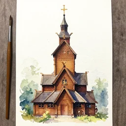 small centered on watercolor paper, paint brush strokes, abstract watercolor painting of traditional wooden church tower, viking decor, translucent leaves, cinematic light, national romanticism by hans dahl, by jesper ejsing, by anders zorn, by greg rutkowski, by greg manchess, by tyler edlin
