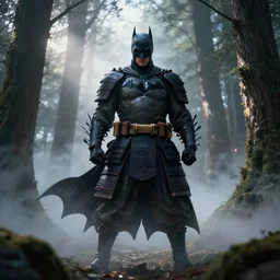 samurai batman in japanese forest, mist, fantasy, intricate, sharp focus, lens flare, bloom, rim light. full body front view, art by ruan jia