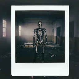 polaroid of a Terminator T-800, abandoned hospital on the background, dark, moody, foggy, scary