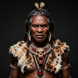 portrait of a australian aboriginal warrior wearing animal skins and a scary necklace, angry look, dark background, studio light, hdr, nikon 2 4 mm f / 1. 8 g, by sebastiao salgado