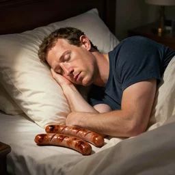mark zuckerberg sleeping in bed with sausages, digital art