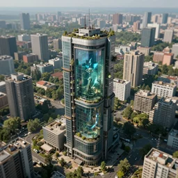 tilt shift hyperdetailed skyscraper!!! whose inside is an aquarium!!!!! industrial architecture abandoned city nature by neil blevins, sunlight made of glass fisheye futuristic forest wilderness bioshock alien scifi, archdaily, wallpaper, highly detailed, trending on artstation.