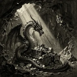 A Dragon guards a vast treasure in it's lair, shafts of sunlight appear from missing parts of the interior. Chiaroscuro style painting. 4K.