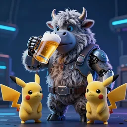 high quality 3 d render sci - fi very cute cyborg cow shaggy! hybrid! drinking beer, highly detailed, unreal engine cinematic smooth, in the style of blade runner & detective pikachu, hannah yata charlie immer, dark blue neon light, low angle, uhd 8 k, sharp focus