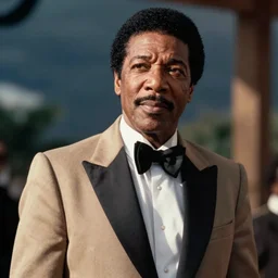 a 1970s film still of Morgan Freeman dressed as Lionel Richie, 40mm lens, shallow depth of field, split lighting