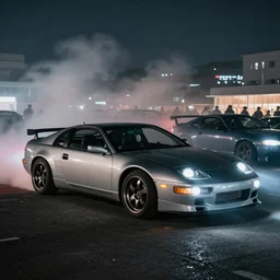 a car 300ZX turbo drift at illegal car meet, Chiba prefecture, city midnight mist lights, cinematic lighting, photorealistic, highly detailed wheels, high detail