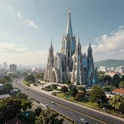 a landscape view of a cybernetic cathedral overlooking an higway of data, cyberpunk, beautiful detailed, cinematic, strong lighting, hi - fructose art magazine, photorealistic, 8 k
