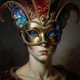 a baroque neoclassicist close - up portrait of an alien being gazing intensely with big glowing eyes wearing an uv blacklight retrofuturistic venetian carnival mask with iridescent butterfly wings and reflective silk at a masquerade. head, face and shoulders, foggy background. renaissance portrait painting. highly detailed science fiction painting by norman rockwell, frank frazetta, and syd mead. rich colors, high contrast, gloomy atmosphere, dark background. trending on artstation.