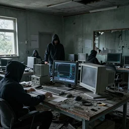 An abandoned room with old computers and some hackers, detailed, dramatic lighting.