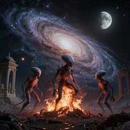 spontaneous combustion of alien creatures in a musty planet near andromeda, night sky with 2 moons background, elegant architectural ruins in background, hdr, 8 k, volumetric lighting, hyperrealistic, octane render, bokeh chris mullins moebius yasushi nirasawa style