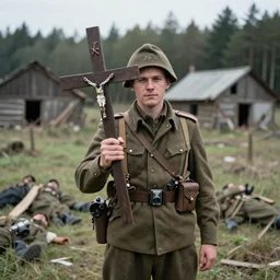 a picture of a Wehrmacht soldier holding a christian wooden cross into the camera, behind him is a destroyed farm and a forest, there is also dead bodies next to him, taken on a WW2 Camera.