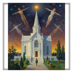 temple of the unknown forces of quantum physics, masterpiece painted by maxfield parrish, jc leyendecker and hopper