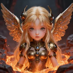 pretty blond steampunk seraphim surrounded by lava, perfect symmetrical face, cute face, 8 k, shallow depth of field, 8 k, ultra high detail, concept art,