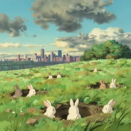 a wholesome animation key shot of a cute empty daytime august landscape with rabbit holes, metal fence and new york city in far distance, dramatic sky, studio ghibli, pixar and disney animation, sharp, rendered in gouache painting, anime key art by makoto shinkai, greg rutkowski, bloom, dramatic, dynamic lighting