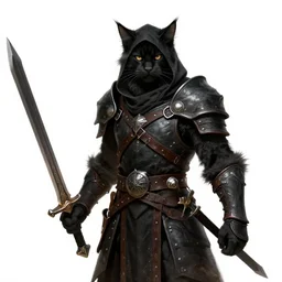 khajit tabaxi catfolk humanoid cloaked in shadow and wearing leather armor with maine coon features black fur holding two shortswords, dungeons and dragons, pure white background, fantasy, tarot card style, half body portrait, high detail, hyper realistic