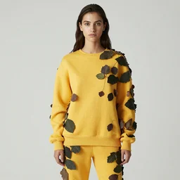 female wearing yellow velor sweat suit, covered by dark colored leaves and twigs