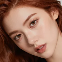 professional photograph, freakles, extreme closeup of gorgeous young woman, top down, redhead, large eyes, teasing and alluring expression, alluring eyes, staring at viewer
