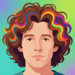 a colorful vibrant closeup portrait of a simple caucasian man with curly mid length brown hair with a calm aesthetic face and dreaming psychedelic hair, psychedelic hair, brown hair, by kawase hasui, moebius, edward hopper and james gilleard, zdzislaw beksinski, steven outram colorful flat surreal design, hd, 8 k, artstation