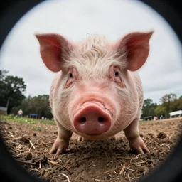 fat hairy pigman crawling on all fours, sniffing the camera, fisheye lens!, professional photograph, closeup!, high quality, 4 k