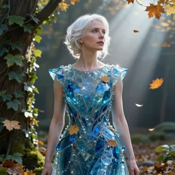 portrait of a white haired woman wearing a dress of blue glass, autumn leaves falling, dramatic volumetric lighting, god rays, global illumination, soft, sharp focus, sci-fi, ivy, moss, trending on artstation, intricate concept art by Greg Rutkowski and Mel Milton