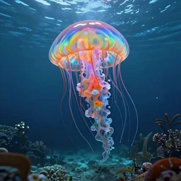 underwater enviroment with a giant Rainbow Jellyfish.boss creature , unreal 5, hyperrealistic, realistic, photorealistic, dynamic lighting, highly detailed, cinematic landscape, studio landscape, studio lighting