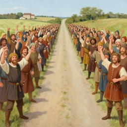 color painting of a crowd of medieval villagers cheering and looking at camera, empty road in the middle, eye level view