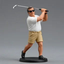 hummel figurine of rudy giuliani, wearing tan shorts and sunglasses, swinging a golf club