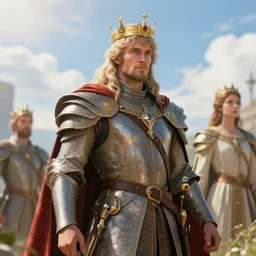 attractive king arthur pendragon | | sunny, dreamlike art, realistic shaded, fine details, 4 k realistic, cryengine, realistic shaded lighting poster by greg rutkowski, magali villeneuve, artgerm, jeremy lipkin and michael garmash and rob rey