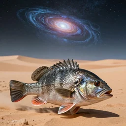 a high resolution photo of a beautiful muscular fish watching the end of the universe in the desert