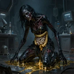 realistic realism painting of a sci - fi lab, dark night, black onyx skin horror zombie female body dressed in rags exposed guts crawling in two legs and dripping golden metalic fluid from intestine into a puddle of golden liquid on the floor. - s 2 7 3 8 9 0 7 4 1 3
