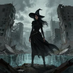 single female witch, exploring abandoned city, collapsed building, water, apocalypse, cinematic, illustration, masterpiece, digital painting, concept art, trending on artstation, art by ruan jia and wlop and greg rutkowski