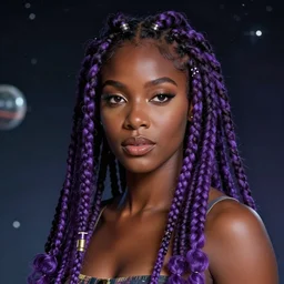 black woman with purple dreads in space in the style of lisa frank